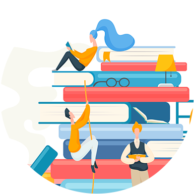 Ilustração de uma pilha de livros, com allguns jovems lendo livros.