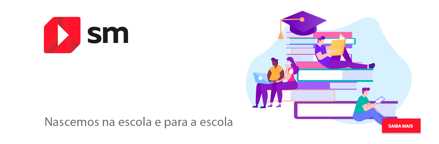 Ilustração de pessoas sentadas em uma pilha de livros, logo da SM Educação, dizeres 