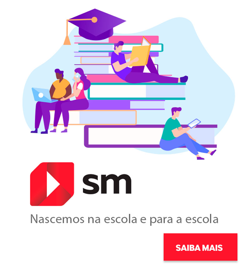 Ilustração de pessoas sentadas em uma pilha de livros, logo da SM Educação, dizeres 